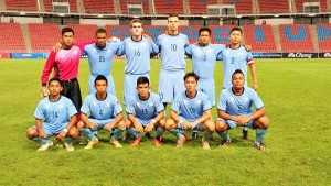 The CNMI U19 National Team’s starting unit poses for a photo before playing against Chinese-Taipei in the AFC U19 Championship Bahrain 2016 Qualifiers last Monday night at the SGC Stadium in Bangkok, Thailand. (Contributed Photo)