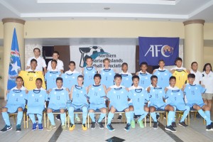 Members and officials of the CNMI U16 National Team pose for a group photo during a send-off ceremony last Saturday at the lobby of Kanoa Resort. (Roselyn B. Monroyo)