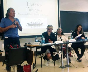 Marcus Lopez, a Chumash Elder, gives his presentation.  Also pictured are Mario R. Borja, Cindi Alvitre, and Kehaulani Vaughn (Contributed Photo)