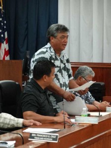 Budget conference chairs Rep. Antonio Sablan (Ind-Saipan) and Rep. Jude Hofschneider (R-Tinian) look over budget documents during a break in yesterday's session. (Dennis B. Chan)