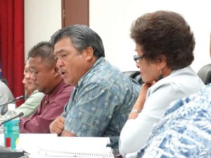 Rep. Tony Sablan and other lawmakers who led fiscal year budget talks explained the points of their bicameral compromise budget bill yesterday before it was voted and passed by the House. (Dennis B. Chan)