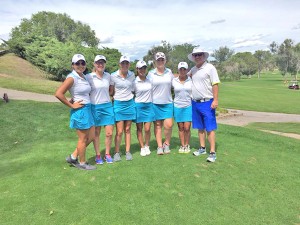 Colorado State University-Pueblo women’s golf team assistant coach Leina Kim, left, joins the Lady ThunderWolves before the start of the Farmers Insurance Samuel Proal Invitational on Monday at the Walking Stick Golf Course in Pueblo, Colorado. (Contributed Photo)