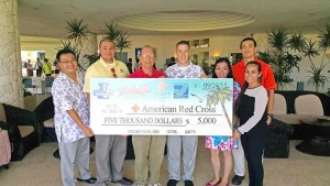 From left, Hyatt assistant F&B director Sheji Shindo; Marpac resident manager Guy Pudney; American Red Cross CNMI Chapter executive director John Hirsh; Hyatt F&B director Tyrell Pauling; Ambros & Marpac marketing manager Casey Truong; Marpac sales manager James Lee; and American Red Cross CNMI Chapter board chair Tayna Belyeu-Camacho. (Contributed Photo)