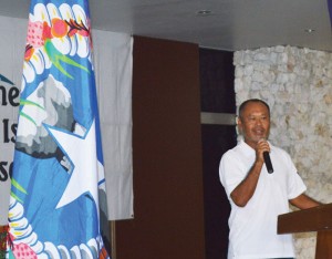 NMIFA technical director and CNMI coach Kiyoshi Sekiguchi addresses the crowd during a send-off ceremony for the three national squads last Saturday at the lobby of Kanoa Resort. (Roselyn B. Monroyo)