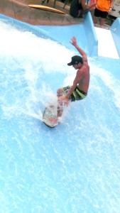 Local bet Keoni Ichihara performs one of his stunts in the finals of the 2015 Point Break Open held over the weekend at the Pacific Islands Club’s flowrider facility in San Antonio. (Mackenzie Rae Perez)