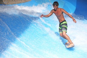 Keoni Ichihara prepares to launch himself in order to do some of his winning stunts and other tricks in last year’s Point Break Open at the Pacific Islands Club’s flowrider facility in San Antonio. (Jon Perez)