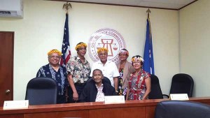 Gov. Eloy S. Inos and members of the Civil Service Commission pose for a photo in their new hearing chamber after an office dedication ceremony last Friday at Springs Plaza, Gualo Rai. From left to right, are commissioners Charles M. Calvo, Arsene M. Borja, Inos, Herman Guerrero, Catalina L. Tebit, and Felicitas "Tee" P. Abraham. (Contributed Photo)