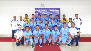 The CNMI U16 National Team players and officials pose for a group photo after the opening ceremony of the AFC U16 Championship India 2016 Qualifiers last weekat the National Sports Complex Stadium in Vientiane, Laos. (Contributed Photo)