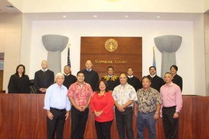 The six newly elected representatives pose with the judges and justices of the CNMI Judiciary. Front row (from left): Rep. Donald C. Barcinas; Rep. Ivan A. Blanco; Rep. Alice S. Igitol; Rep. Jose I. Itibus; Rep. Francisco C. Aguon; and Rep. Gregorio M. Sablan, Jr. Back row, from left: Chief Judge Ramona V. Manglona; Associate Judge Kenneth L. Govendo; Presiding Judge Roberto C. Naraja; Associate Justice John A. Manglona; Chief Justice Alexandro C. Castro; Associate Justice Perry B. Inos; Associate Judge Joseph N. Camacho; and Associate Judge Teresa Kim-Tenorio. (Contributed Photo)