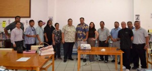 From left, councilor-elect Antonio SN. Borja, Tinian Mayor’s Office CEO Allen Perez, Ignacio Kiyoshi, Sen. Francisco Q. Cruz, Labor Department resident head Jay Jess San Nicolas, councilor Dianne H. Borja, Tinian Mayor Joey P. San Nicolas, Epi Cabrera of the CNMI Grants Management Office, Mary Ann B. Arriola of the CNMI Grants Management Office, councilor Edwin M. Hofschneider, Fire and Emergency Services Department resident head Mathew C. Masga, William Villagomez of the CNMI Grants Management Office, Lands and Natural Resources Department resident head Guillermo Borja, and Frankie Angel of the CNMI Grants Management Office. (Contributed Photo)