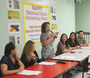 Board of Education chair MaryLou Ada hailed the commitment and hard work of school counselors, as Education Commissioner Cynthia Deleon Guerrero, BOE teacher representative Paul Miura, Associate commissioner for Student and Support Services Yvone Pangelinan, and school counselors look on. (Contributed Photo)