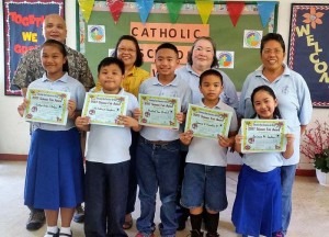 STEM Fair winners at the Eskuelan San Francisco de Borja.  First row, from left, Kaitlyn Balgoa, John Anthony Tobongbanua, Michael Jon Cantil, Edward U. Maratita III, and Eianne Ladao.  Back row, from left, Edward Maratita, Jr., Forinda Chavez, school principal Carmen H. Atalig, and Mary Rose Lucero. (Contributed Photo)