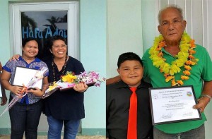Eskuelan San Francisco de Borja Catholic Schools Week Support Staff of the Year Lea D. Maratita, Teacher of the Year Mary Rose S. Lucero, and Grandparent of the Year Abel Barcinas with grandson Marco Edward B. Hocog. (Contributed Photo)