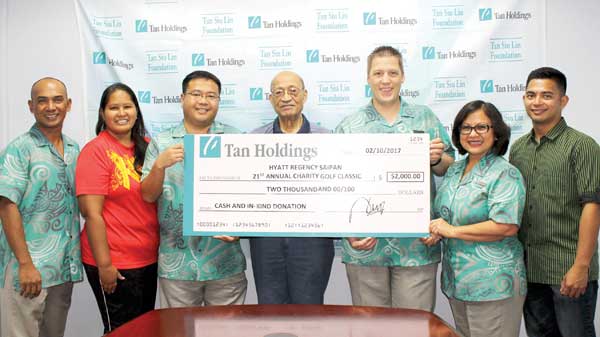 From left, Hyatt Regency Saipan security manager Robin Eugenio; TanHoldings vice president for corporate affairs Catherine Attao; Hyatt Regency Saipan assistant director of food and beverage Seiji Shindo; TanHoldings corporate consultant David Sablan;  Hyatt Regency Saipan food and beverage director Tyrell Pauling; Hyatt Regency Saipan director of rooms Rosalyn Quintanilla; and Tan Siu Lin Foundation assistant manager Raymond Zapanta. (Contributed Photo)
