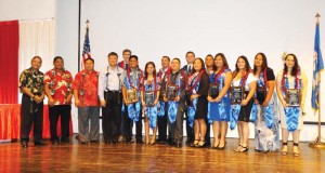 Pacific Century Fellows vice chair Alex Sablan, far left, Lt. Gov. Victor Hocog, Gov. Ralph Torres, and PCF chair Jerry Tan join the PCF graduates in a group photo at the 3rd cycle PCF graduation ceremony at Fiesta Resort & Spa on Saturday, Feb. 4, 2017. (Demalynn S. Pagarao)