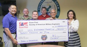 The Society of American Military Engineers Guam Post recently donated $20,000 to the University of Guam Endowment Foundation for the university’s School of Engineering.  From left to right, SAME Guam Post president Noel Enriquez, SAME Guam Post vice president LCDR Matthew Mattivi, CEC, USN, 1st, SAME Guam Post director Bob Shambach, SAME Guam Post treasurer Chris Arnsfield, UOG president Dr. Robert Underwood, and UOG Endowment Foundation director Janiece Sablan. (UOG)