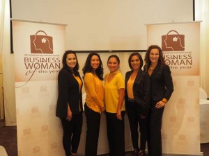 From left, Pika P. Fejeran, president of Hot Concepts Inc., secretary and treasurer of In the Kitchen Inc., which does business as In the Kitchen, and partner in Guahan Eats, which does business as Pika's Cafe; Kanae Quinn, owner of Quinn Consulting LLC and co-owner of Marianas Fitness Ltd. which does business as  Gold's Gym Saipan; Velma Palacios, director of network operations, head of network for CNMI, manager of engineering and manager of plant technical services of IT&E; Glendalyn C. Carolino, president and controller, Polyphase System Inc. and General Electric Material Supply; and Ramona L. Jones, vice president and CEO, Jones and Guerrero Co. Inc. (Contributed Photo)