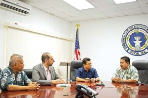 Gov. Ralph DLG Torres, right, listens while Spanish historian Dr. Carlos Madrid, Ph.D., second left, discusses the possibility of loaning some of the CNMI’s artifacts from the Spanish galleon Concepcion for an exhibit in Manila. Also in photo are Philippine Consul General Marciano R. De Borja, second right, and Philippine honorary consul to the CNMI Eli Arago. (Jon Perez) 