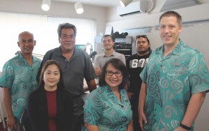 Back row, from left, Hyatt Regency Saipan security manager Robin Eugenio; Sorensen Media Group general manager James Nelson; Power 99 DJ Kosher; and Power 99 DJ Bra. Front row, from left, Sorensen Media Group’s Analyn Nunez; Hyatt Regency Saipan director of Rooms, Rosalyn Quintanilla; and Hyatt Regency Saipan  F&B director Tyrell Pauling.