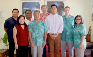 From left, back row, Marianas Visitors Authority accounting clerk II Shaun Mangloña; Marianas Visitors Authority procurement officer Dave Muña; and Marianas Visitors Authority marketing manager Bruce Bateman. From left, front row, Marianas Visitors Authority deputy managing director Judy C. Torres; Hyatt Regency Saipan general mManager Nick K. Nishikawa; Marianas Visitors Authority managing director Chris Concepcion; Hyatt Regency Saipan F&B director Tyrell Pauling; and Hyatt Regency Saipan director of Rooms Rosalyn Quintanilla. (Contributed Photo)