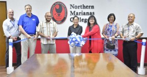 IT&E's Sales & Marketing manager Hans Mickelson, chief operating officer John Compton, Business Account manager Paul Guerrero, Network Operations director Velma Palacios, and general manager Rose Soledad join Northern Marianas College president Dr. Carmen Fernandez and director for Information Technology Jonathan Liwag during a ceremonial launch of NMC's high speed internet. (Contributed Photo)