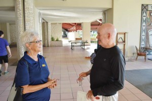 Northern Marianas Trade Institute chief executive officer Agnes McPhetres, left, talks with Michael Rota last week. (Erwin Encinares)