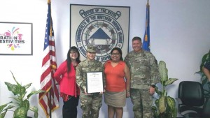 From left, Northern Marianas College president Carmen Fernandez, Nikita Hofschneider, Board of Education vice chair Janice Tenorio, and Lt. Col. Jay A. Blakley on Friday at the Saipan Mayor’s Office. (Contributed Photo)