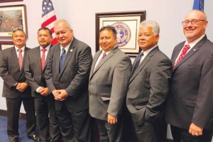 Gov. Ralph DLG Torres, third right, and Delegate Gregorio Kilili C. Sablan (D-MP) join other CNMI officials after debriefing the entire CNMI delegation on what transpired in the Senate Committee on Energy and Natural Resources committee hearing last week in Washington, D.C. (Contributed Photo)