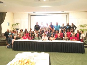 Representatives of all the 18 groups that will take part at the 2017 Marianas March Against Cancer got on stage for a group photo with the MMAC committee, Commonwealth Cancer Association staff, and acting governor Victor B. Hocog at the proclamation signing yesterday at the Fiesta Resort & Spa Saipan Hibiscus Hall. (Kimberly A. Bautista)