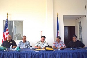 Gov. Ralph DLG Torres, center, signs two proclamations in connection with the Emergency Medical Services on Thursday at the Koblerville Fire Station. Also in photo are Priority Care's Kevin Deleon Guerrero, left, Saipan Mayor David M. Apatang, middle, Lt. Gov. Victor B. Hocog, and Department of Fire and EMS commissioner Clyde Norita, right. (Jon Perez)