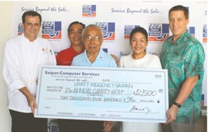 Hyatt Regency Saipan executive chef Gabriele Colombo, Saipan Computer Services and Ideal Signs director of business development Jerry Tiu, Saipan Computer Services and Ideal Signs’ Jose Tiu, Saipan Computer Services and Ideal Signs managing partner; Kazuko Tiu, and Hyatt Regency Saipan food and beverage director Tyrell Pauling pose for a group photo. (Contributed Photo)