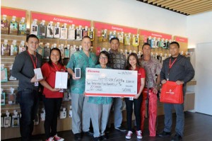 From left, Docomo Pacific Retail Operations manager Conrad Sablan Jr., Docomo Pacific Customer Service representative Jamila Magofna, Hyatt Regency Saipan director of food and beverage Tyrell Pauling, Hyatt Regency Saipan director of Rooms Rosalyn Quintanilla, Docomo Pacific Saipan vice president and general manager Dino Manning, Docomo Pacific Customer Service representative Jacquelyn Ocaya, Docomo Pacific Enterprise Sales manager Joseph Torres, Docomo Pacific Account Executive-Business Sales Kevin McCale. (Contributed Photo)