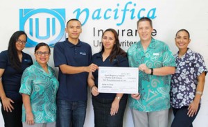 From left, Pacifica Insurance senior underwriter/underwriting department head Jessica Sablan, Hyatt Regency Saipan director of rooms Rosalyn Quintanilla, Pacifica Insurance account executive/marketing coordinator/health department head Sidney Quan, Pacifica Insurance claims processor Janel Pangelinan; Hyatt Regency Saipan food and beverage director Tyrell Pauling, and Hyatt Regency Saipan marketing communications manager MariaValentina Haberman. (Contributed Photo)