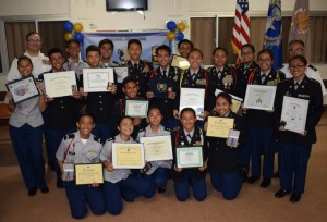 Recipients of the annual Marianas High School Dolphin Battalion JROTC awards pose for a group photo after the awards ceremony last Friday at the MHS Cafeteria. (Jon Perez)