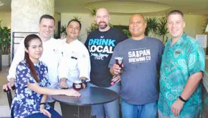 From left, Hyatt Regency Saipan executive assistant MariAngela Mendoza, Hyatt Regency executive chef Gabriele Colombo, Hyatt Regency executive sous chef Zenn Tomokane, Saipan Brewing Co. owning partners Jay Wolfe and Steve Sablan, and Hyatt Regency Food and Beverage director Tyrell Pauling.  (Contributed Photo)