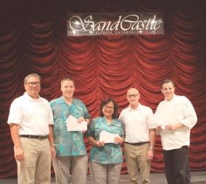 From left, SandCastle Saipan, LLC and Baldyga Group operations manager Jojo Valencia; Hyatt Regency Saipan F&B director Tyrell Pauling; Hyatt Regency Saipan Rooms director Rosalyn Quintanilla; SandCastle Saipan, LLC and Baldyga Group director of entertainment Chuck McCarroll; and Hyatt Regency Saipan executive chef Gabriele Colombo. (Contributed Photo)