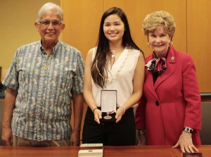 Athena McNinch (center), a junior at the University of Guam, was recently named a Truman Scholar. UOG President Dr. Robert Underwood (left) and Congresswoman Madeline Bordallo (right) participated in the award announcement on Monday, April 10. (Contributed Photo)