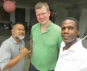 Battle of Saipan relic hunter Fabian Indalecio, bleisure travelpreneur Hasse "Chris" Wiersna from The Netherlands, and passionpreneur author/guide Walt Goodridge on Saipan. (Contributed Photo)