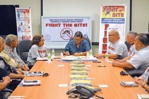 Acting governor Victor B. Hocog signs the proclamation declaring April as “Fight the Bite” Month to continue raising awareness and cognitive knowledge of the Zika virus and other arboviral diseases. Zika is a virus borne by infected mosquitos. The CNMI, however, remains Zika-free. (Erwin Encinares)