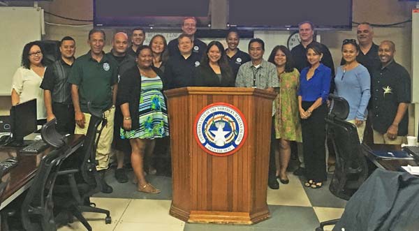 The CNMI Office of Homeland Security and Emergency Management and Federal Emergency Management Agency hold an information analysis brief for the 2017 CNMI Catastrophic Typhoon Plan for CNMI leaders at the CNMI Emergency Operations Center on Capital Hill. (Contributed Photo)