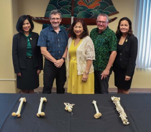 Dr. Greg and Norma Miller recently donated a full human skeleton and an additional skull to the University of Guam College of Natural and Applied Sciences to use as a learning tool. From left to right: University of Guam senior vice president of Academic and Student Affairs Dr. Anita Borja Enriquez, Dr. Greg Miller, Norma Miller, UOG College of Natural and Applied Sciences dean Dr. Lee Yudin, and UOG Endowment Foundation director Janiece Sablan. (UOG)