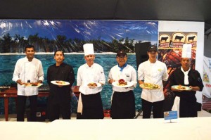Participating chefs in the annual Chefs Competition last Saturday included, from left, Imperial Pacific Resort’s Shivji Sasidharan, Hyatt Regency Saipan’s Tony Agulto, Grandvrio Resort’s Richard Meimban, Fiesta Resort & Spa Saipan’s Vicente Montoya, Kanoa Resort’s Sonny Encarnacion, and Mariana Resort and Spa’s Roding Domingo. (Erwin Encinares)