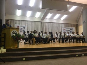 The 26 graduates of the Marianas Aviation Services scholarship training program were congratulated by instructor Rob Combs at their graduation ceremony on Monday at the Pedro P. Tenorio Multi-Purpose hall, Susupe. (Kimberly A. Bautista)