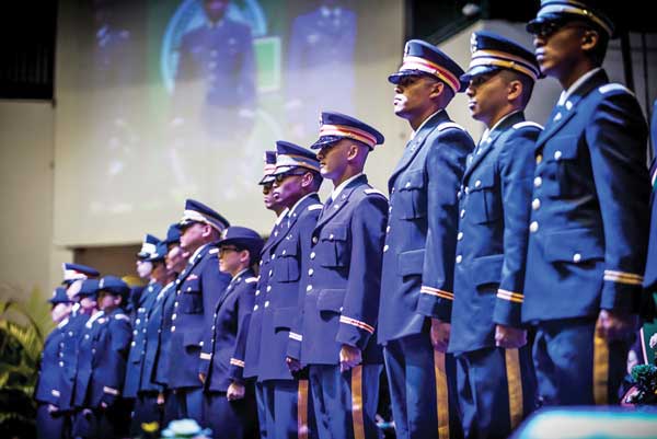 University of Guam Army Reserve Officers’ Training Corps Triton Warriors stand during the 2016 spring commencement ceremony, where UOG recognized 20 lieutenants commissioned by the program. UOG Army ROTC was recently awarded the prestigious MacArthur Award, recognizing it as one of the best Army ROTC programs in the country. This spring, UOG will also be commissioning 20 lieutenants. (Contributed Photo)