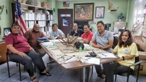 From left, Gloriana Teuira, J.J. Concepcion, Gus Litulumar, Parker Yobei, Roman Tudela, Fay McMahon, and Cindy Reyes get together for an initial meeting on the revival of Kantan Isla Concert. (Bea Cabrera)