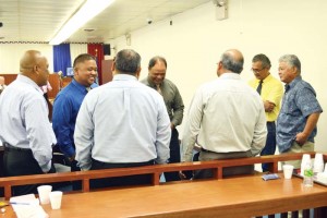 Members of the 20th Legislature confer during a quick recess in yesterday’s Saipan and Northern Islands Legislative Delegation discussion of extending poker parlors in non-conforming areas. From left to right: Sen. Sixto Igisomar (R-Saipan), Rep. Angel Demapan (R-Saipan), Rep. Blas Jonathan “BJ” Attao (Ind-Saipan), Rep. Jose Itibus (R-Saipan), Sen. Justo Quitugua (Ind-Saipan), and Senate President Arnold I. Palacios (R-Saipan) (Erwin Encinares)