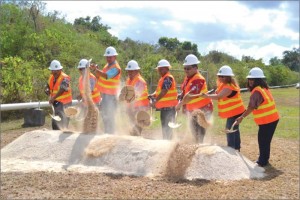 Tinian breaks ground for a transfer station. From left: Sen. Francisco M. Borja, Sen. Frank Q. Cruz, Thomas Nielsen, Gov. Ralph DLG Torres, Lt. Gov. Victor B. Hocog, Tinian Mayor Joey P. San Nicolas, Nerissa Benavente, and Virginia Villagomez. (Contributed Photo)