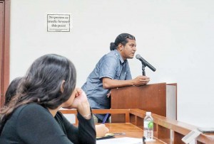 Council for Arts and Culture executive director Parker Yobei speaks on the podium during the public commentary section of the hearing of House bills yesterday. (Bea Cabrera)