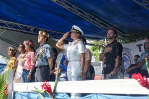 Rear Adm. Shoshana Chatfield stands on the main stage during the singing of the American anthem. Bea Cabrera
