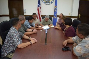 Acting governor Arnold I. Palacios signs House Local Bill 20-25, D1, which appropriates $99,788 to the CNMI Drug Court. The bill becomes Saipan Local Law 20-07. From left: Rep. Gregorio M. Sablan Jr., Rep. Joseph “Lee Pan” T. Guerrero, Rep. Ivan A. Blanco, Rep. Angel A. Demapan, Palacios, Saipan and Northern Islands Legislative Delegation chair Rep. John Paul P. Sablan, Rep. Alice S. Igitol, House vice speaker Rep. Janet U. Maratita, and Rep. Frank C. Aguon. (OFFICE OF THE GOVERNOR)